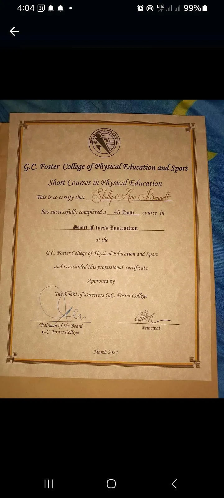 Certificate from G.C. Foster College awarded to Shelly for Sport Fitness Instruction